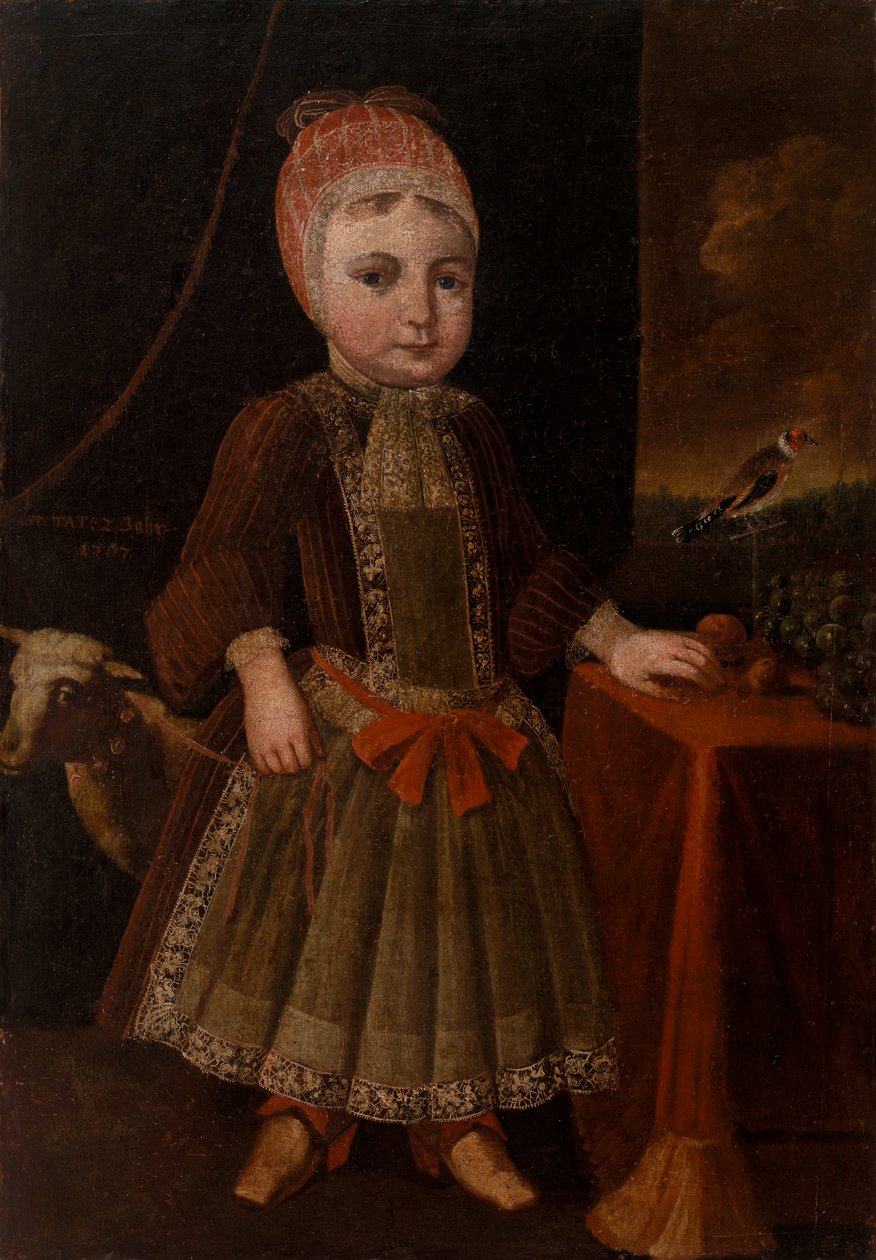 Lille pige i interiør nær vindue af Unknown artist