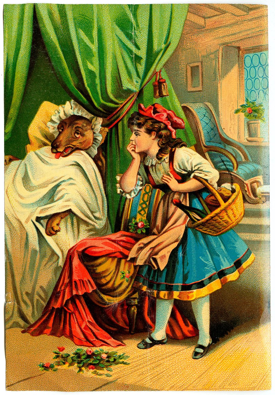 Rødhætte opdager ulven i sin bedstemors seng (Kromolitografi sidst i det 19. århundrede) af Unknown artist