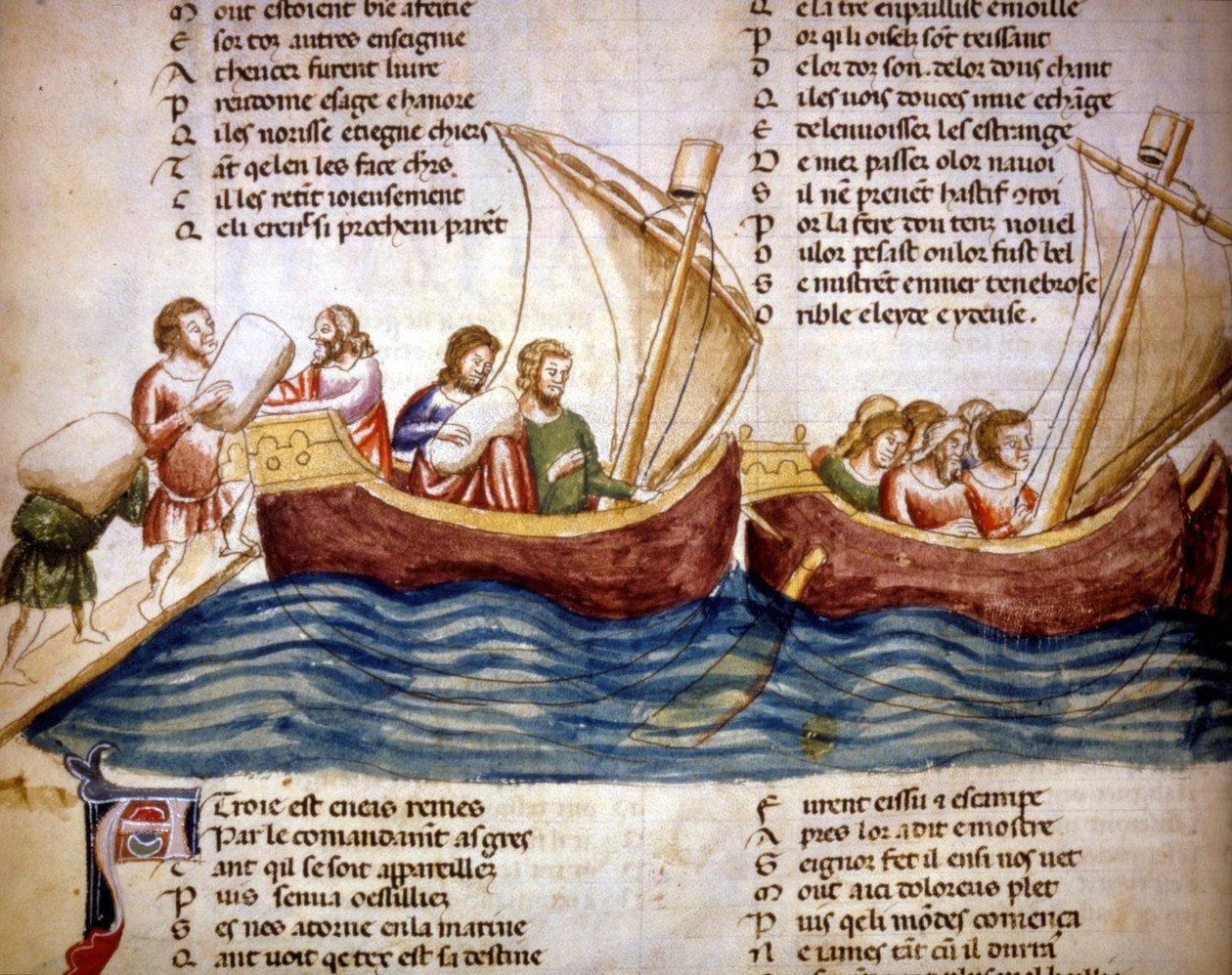 Lastning af last om bord, slutningen af det 13. århundrede. Miniature af "Roman de Troy"" af Benoit de Saint Maure. Biblioteca Marciana fra det 14. århundrede, Venedig af Unknown artist