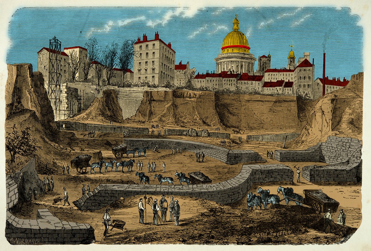 Placering af cirkus Gallo Romain, der går tilbage til det 2. århundrede f.Kr., opdaget i 1870 under boringen af rue Monge i Paris, gravering af det 19. århundrede af Unknown artist