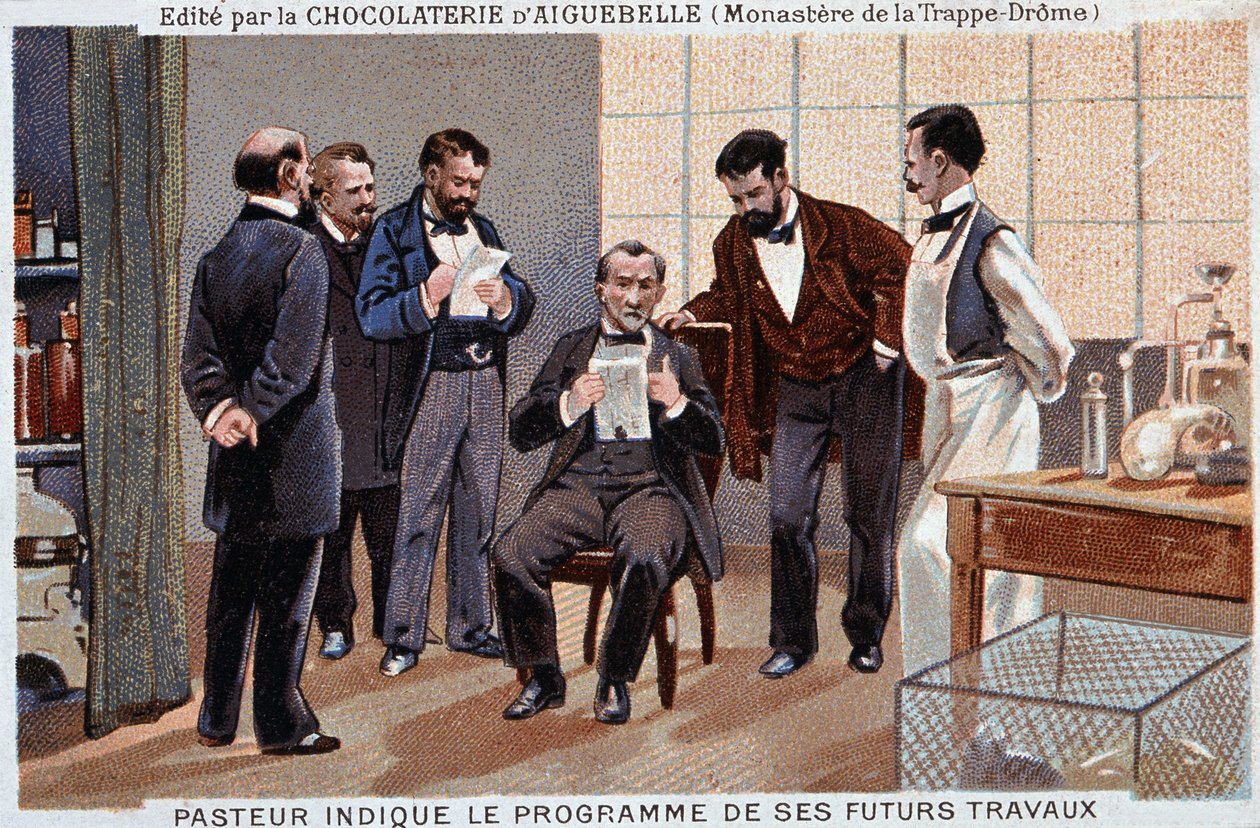 Louis Pasteur, en fransk videnskabsmand (1822-1895), angav programmet for sit fremtidige arbejde, omgivet af samarbejdspartnere - chokoladereklametiket fra Aiguebelle, v. 1895. af Unknown artist