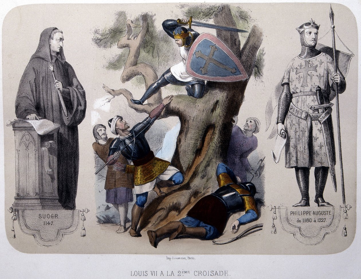 Louis VII kæmper mod saracenerne under det 2. korstog - litografi, slutningen af det 19. århundrede af Unknown artist