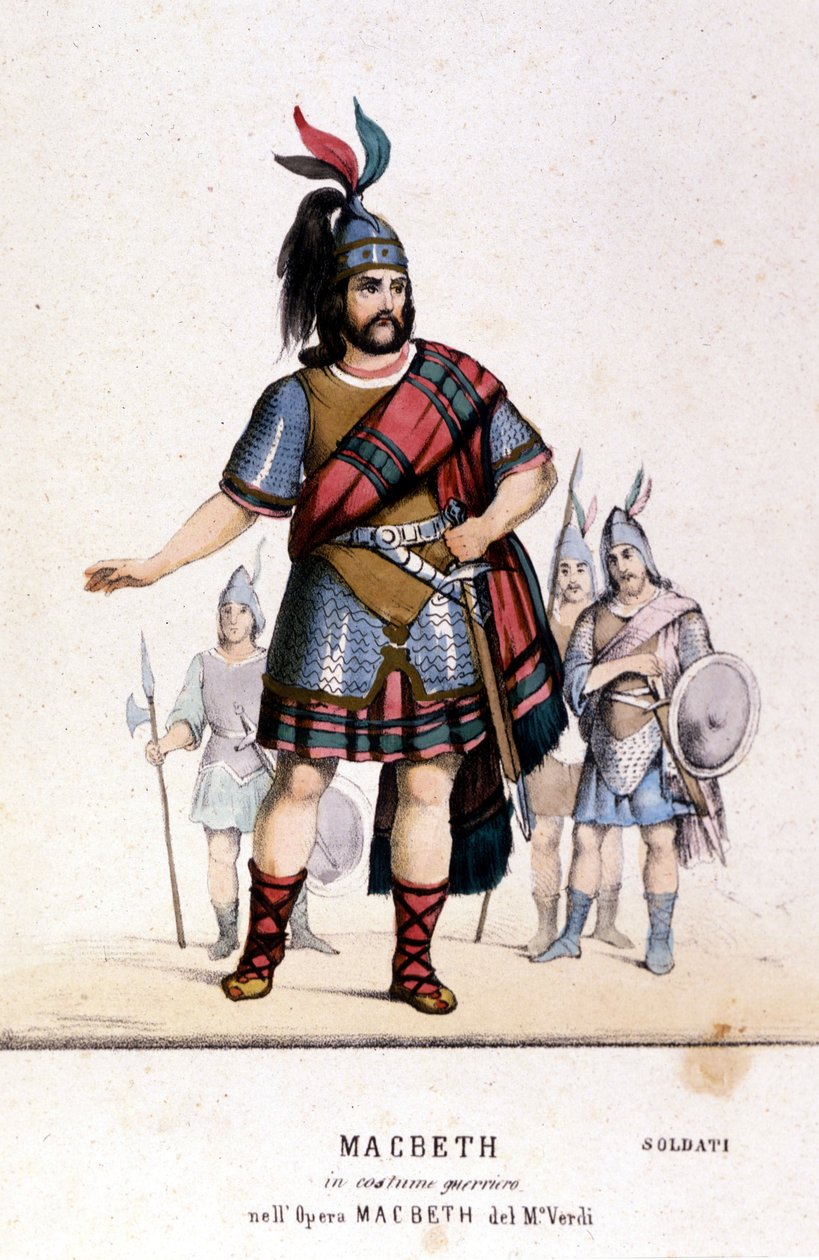 Macbeth-karakter i et krigerkostume i operaen af samme navn af Giuseppe Verdi (1813 - 1901) efter William Shakespeares arbejde. 1847. Stik. af Unknown artist