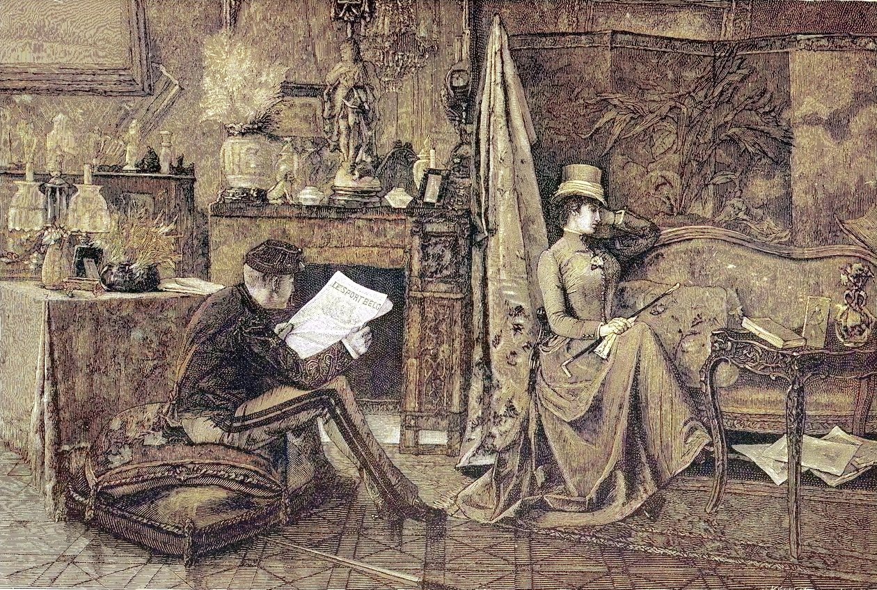 Madame Sulking, par, han læser avisen, og hun sidder i sofaen og er fornærmet af Unknown artist