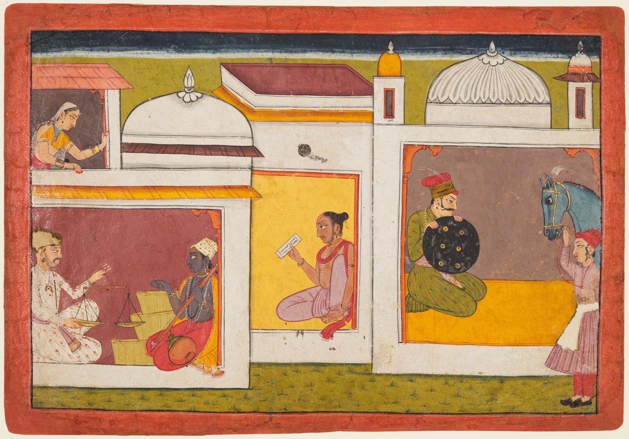 Madhava står over for en mand, der holder en vægt, fra en Madhavanala Kamakandala af Unknown artist