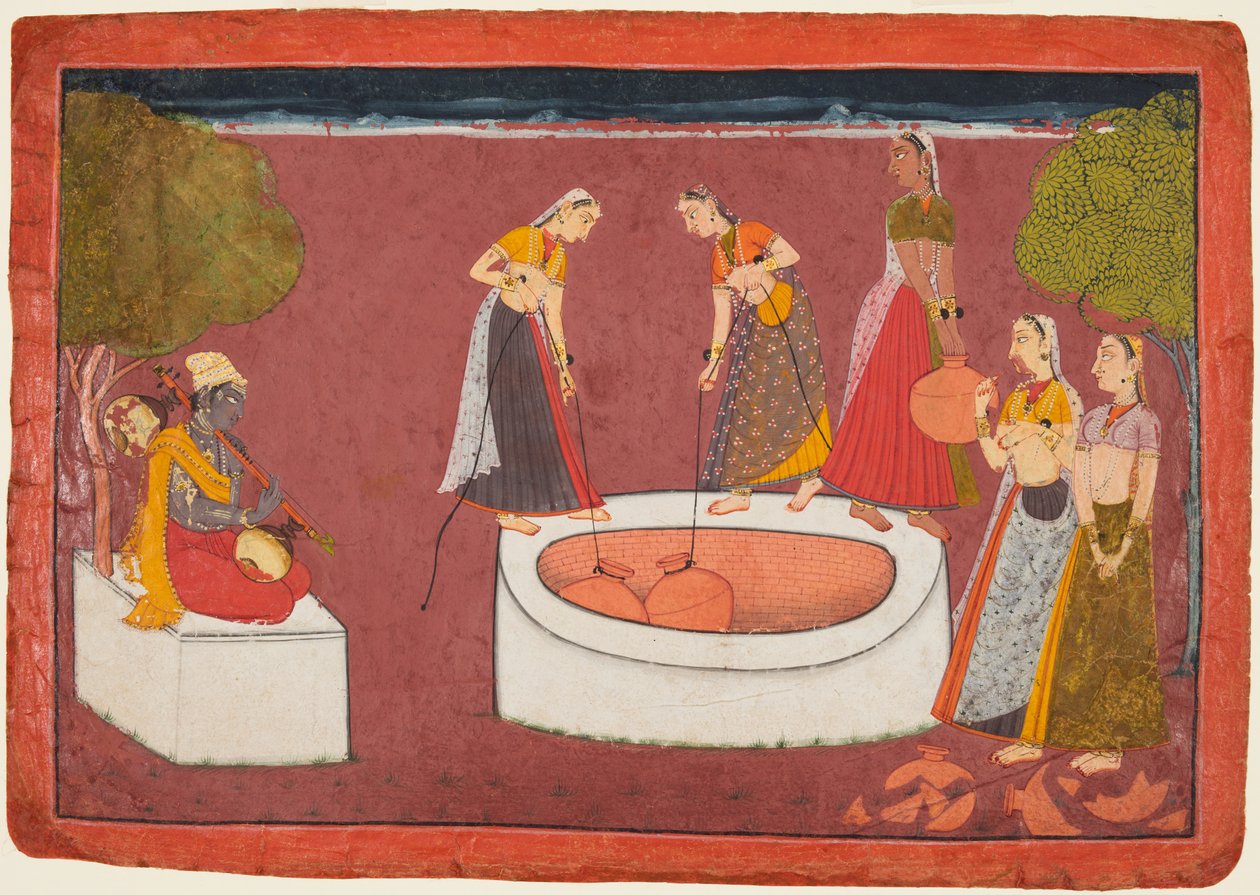 Madhava spiller sin Vina før fem kvinder trækker vand fra en brønd, fra en Madhavanala Kamakandala af Unknown artist