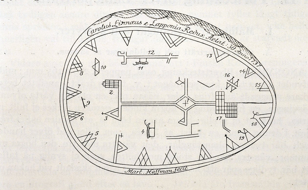 Magisk tromme af shamaner i Lapland, illustration af en bog om Linnes rejse af Unknown artist