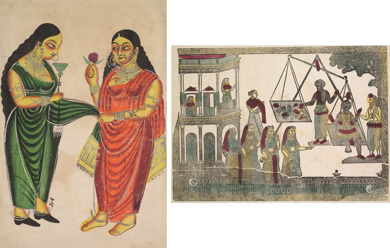 Tjenestepige, der bringer en vandpibe til en dame (recto); Krishna vægtet mod dyrebare genstande (?) (verso) af Unknown artist