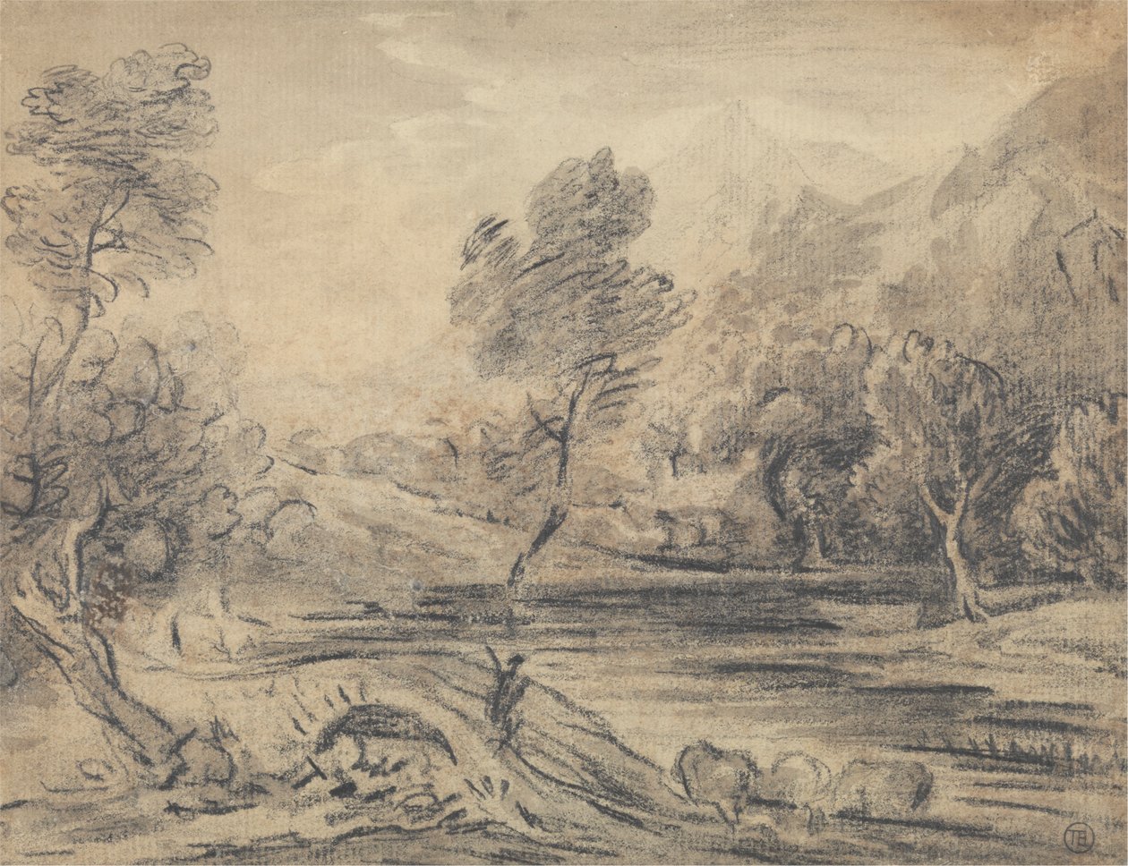 Mand krydser bro med pukkel over en flod med kvægvanding af Unknown artist