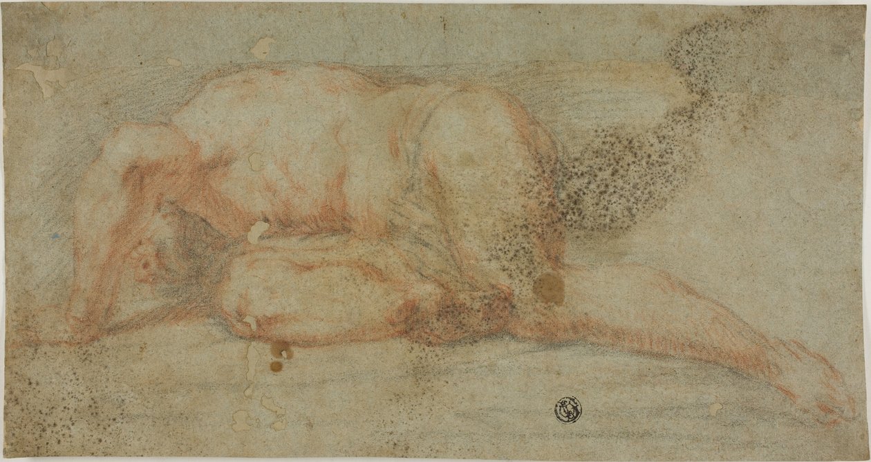 Mand liggende, arm over hovedet af Unknown artist