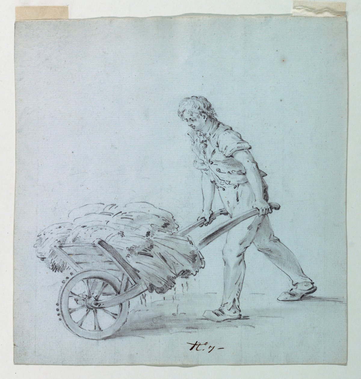 Mand, der skubber en trillebør, mulig skitse til en ø til et bomuldstryk af Unknown artist