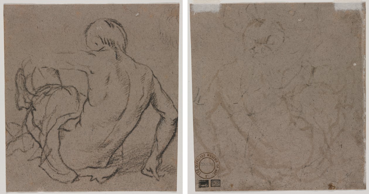 Mand siddende på jorden, set bagfra (recto); Skitse (omvendt) af Unknown artist