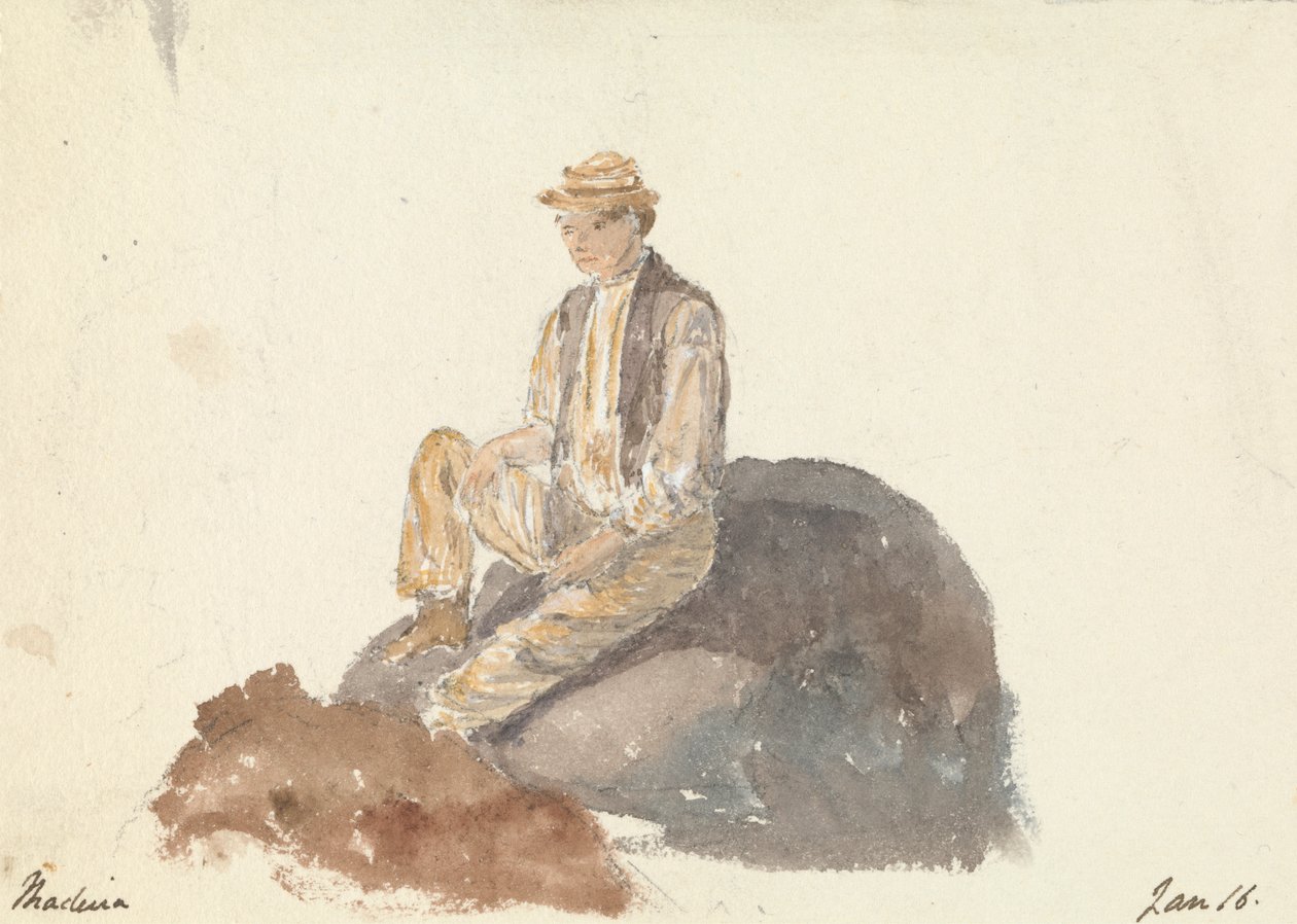 Mand, der sidder på en klippe (Madeira 16. januar) af Unknown artist