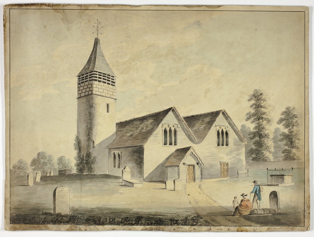 Mand, kvinde og barn på kirkegården af Unknown artist