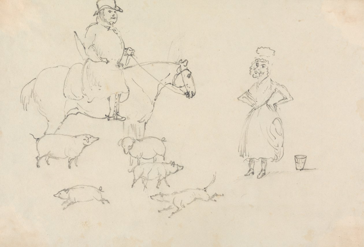 Mand til hest, med grise af Unknown artist