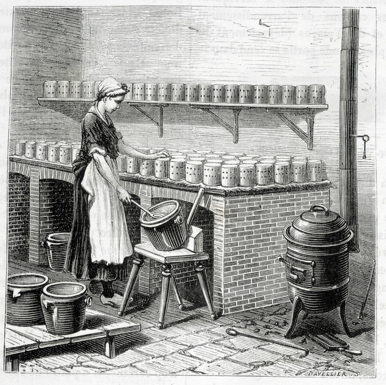 Fremstilling af camembertost (ostemasse hældes i muslinger) - i "" Industriens vidundere"" af Louis Figuier af Unknown artist