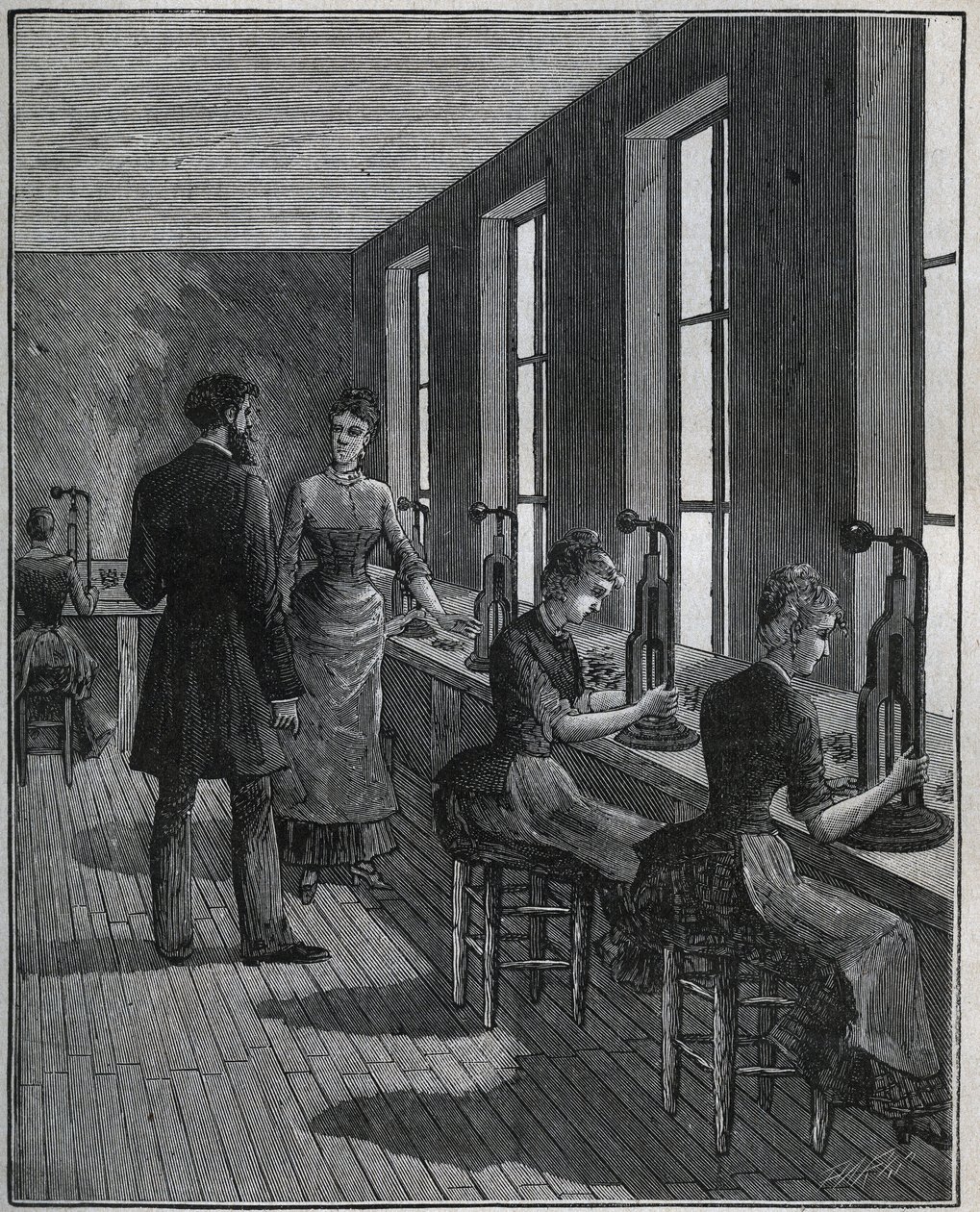 Fremstilling af metalfjer: decoupageværksted i Frankrig i det 19. århundrede. Indgravering fra 1885 i "" Les arts et metiers illustres"" af Adolphe BITARD. af Unknown artist