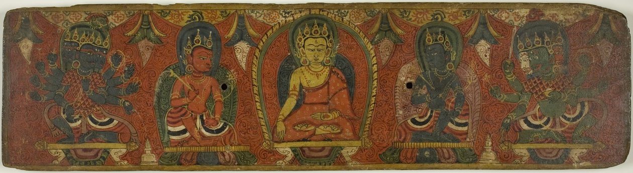 Manuskriptomslag med Buddha, to bodhisattvaer og to beskyttelsesgudinder (Lokapalaer) af Unknown artist