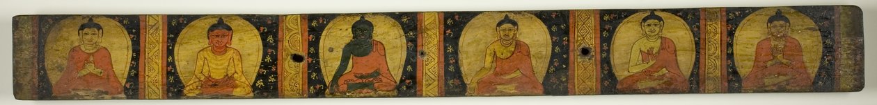 Manuskriptomslag med seks siddende buddhaer med forskellige håndbevægelser (mudraer) af Unknown artist