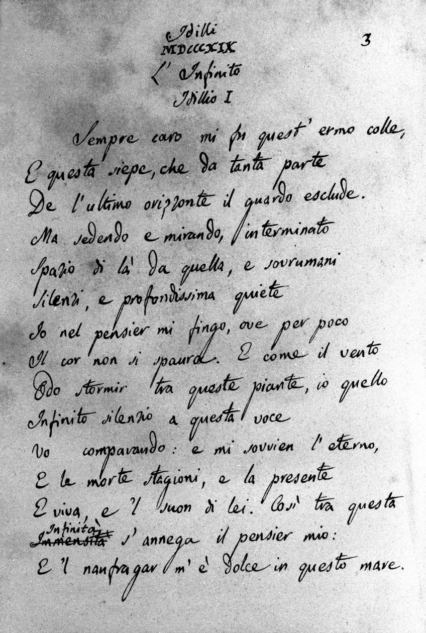 Manuskript af "" Idilli"" (Idyllerne) af den italienske digter Giacomo Leopardi (1798 - 1837) 19. århundrede af Unknown artist