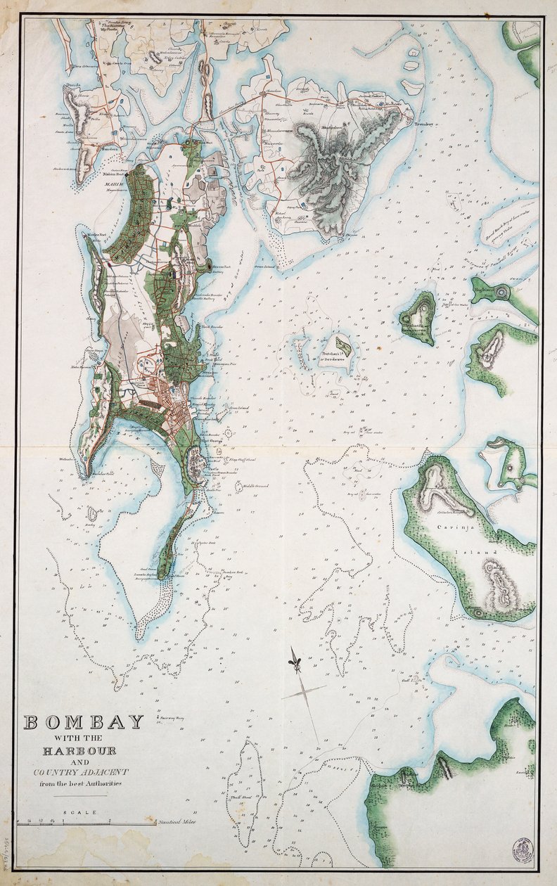 Kort over Bombay med havnen og det tilstødende land, også vist Det Arabiske Hav og Den Persiske Golf, ca. 1855 (blæk, akvarel) af Unknown artist