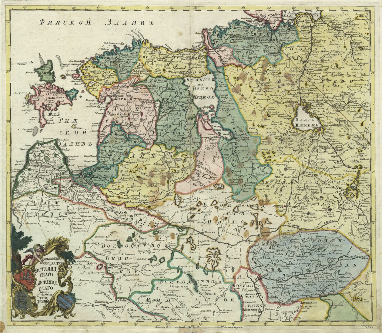 Kort over Estland og Livonia - Anonym Master - 1745 - Kobbergravering, akvarel - Academy of Sciences, Sankt Petersborg af Unknown artist