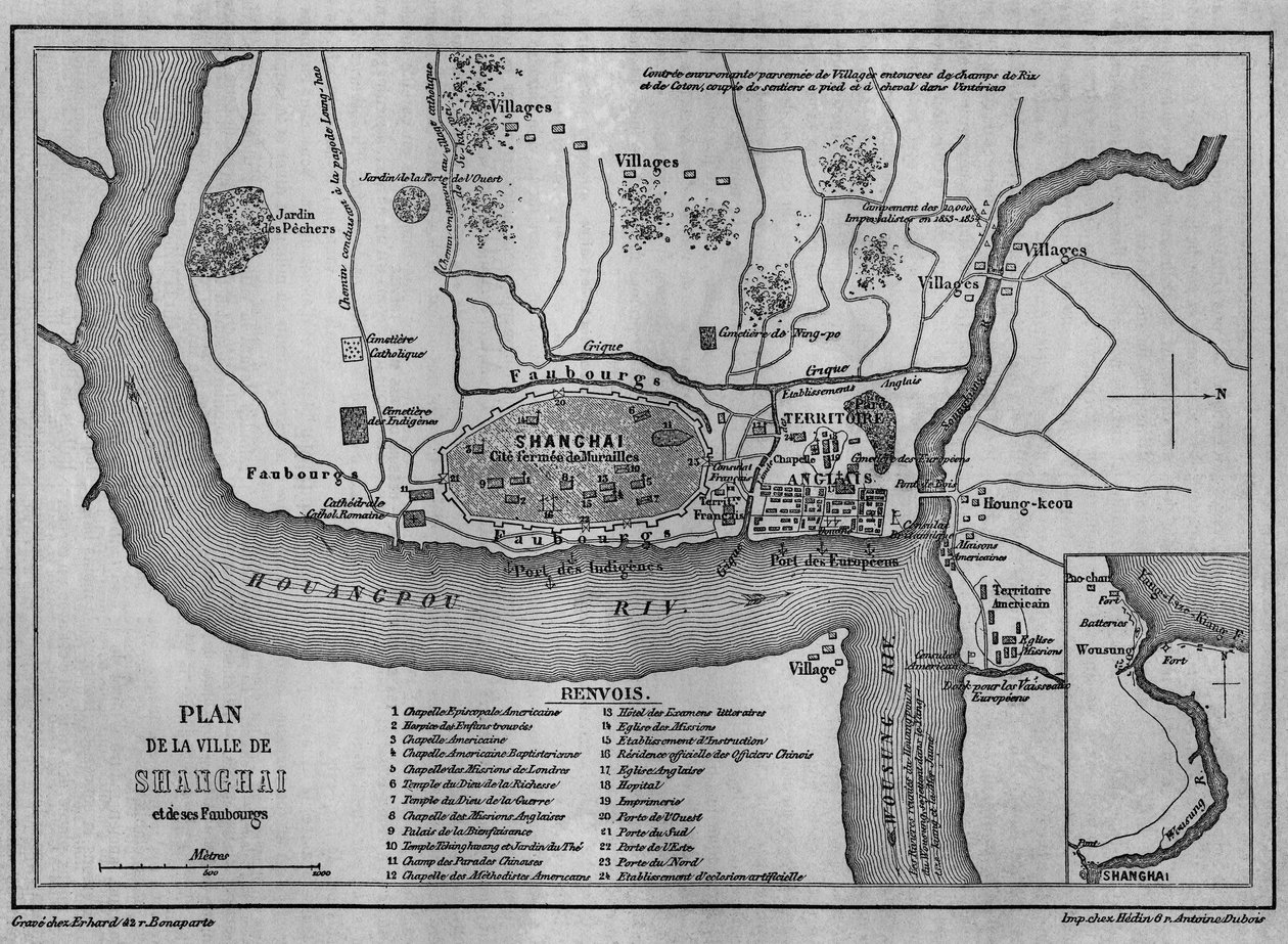 Kort over Shanghai City i 1860, udsigt over den kinesiske gamle bydel og udenlandske koncessioner i 1860. Carte i "" Le Tour du Monde, Nouveau journal des Voyages"", redigeret af Edouard Charton, Paris af Unknown artist