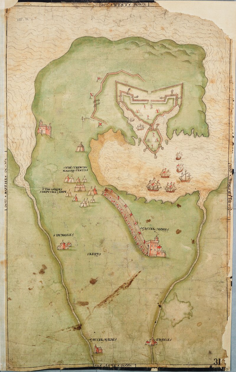 Kort over Smerwick, Irland, der viser det engelske jordværk med to kanoner til angreb på det spanske fort og engelske soldater, der marcherer ud af Castell More af Unknown artist