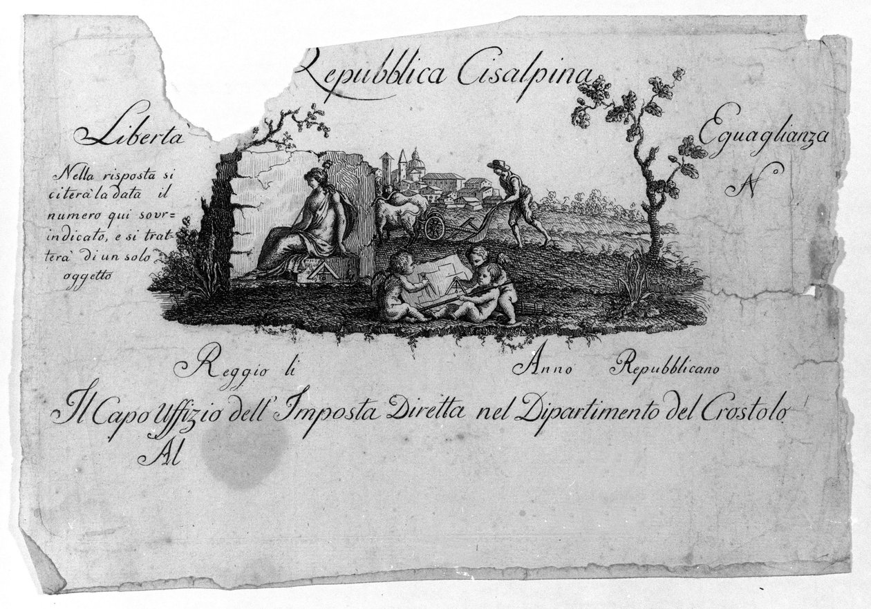 Kort over den cisalpine republik (Cisalpina), skabt af Napoleon Bonaparte den 27/06/1797 efter fransk model i Italien, som blev til den italienske republik i 1802. Den franske republiks værdier er nedfældet i det (Liberte, Egalite). Gravering Museo del ri af Unknown artist