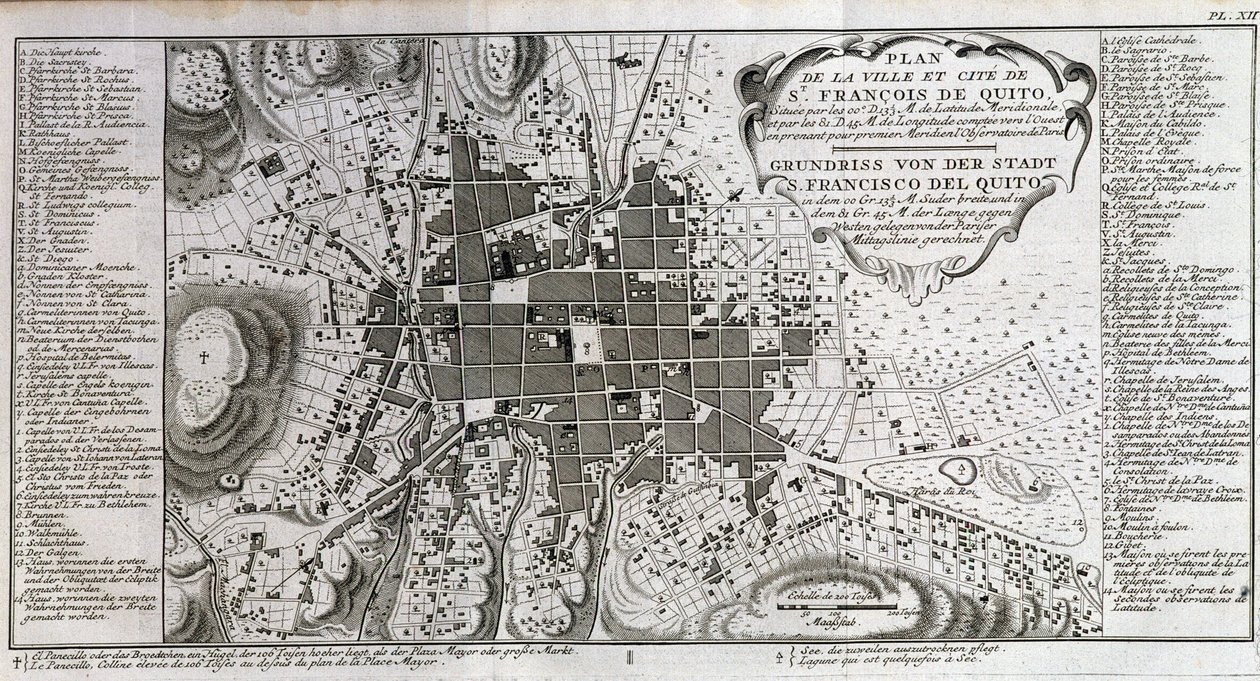 Kort over byen og byen St François de Quito - i "" Historisk rejse i Sydamerika udført efter ordre af kongen af Spanien af Don George Juan og Don Antoine de Ulloa"", T.1, ved C.A. Jombert, Librairie du Roi, Paris af Unknown artist