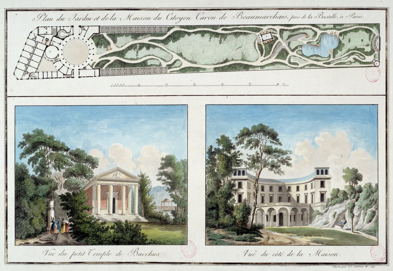 Kort over den franske forfatter og dramatiker Pierre Augustin Caron de Beaumarchais (1732-1799) have og hus på den nuværende Boulevard Beaumarchais i Paris. Gravering omkring 1795 Paris, Musee Carnavalet af Unknown artist