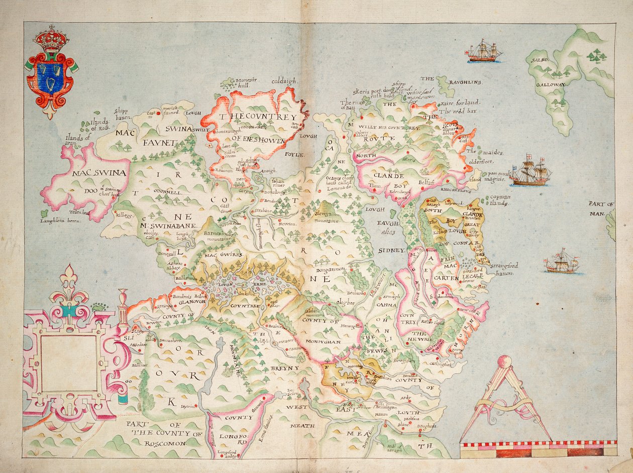 Kort over det nordlige Irland, ca. 1600 (lagt på linned) af Unknown artist
