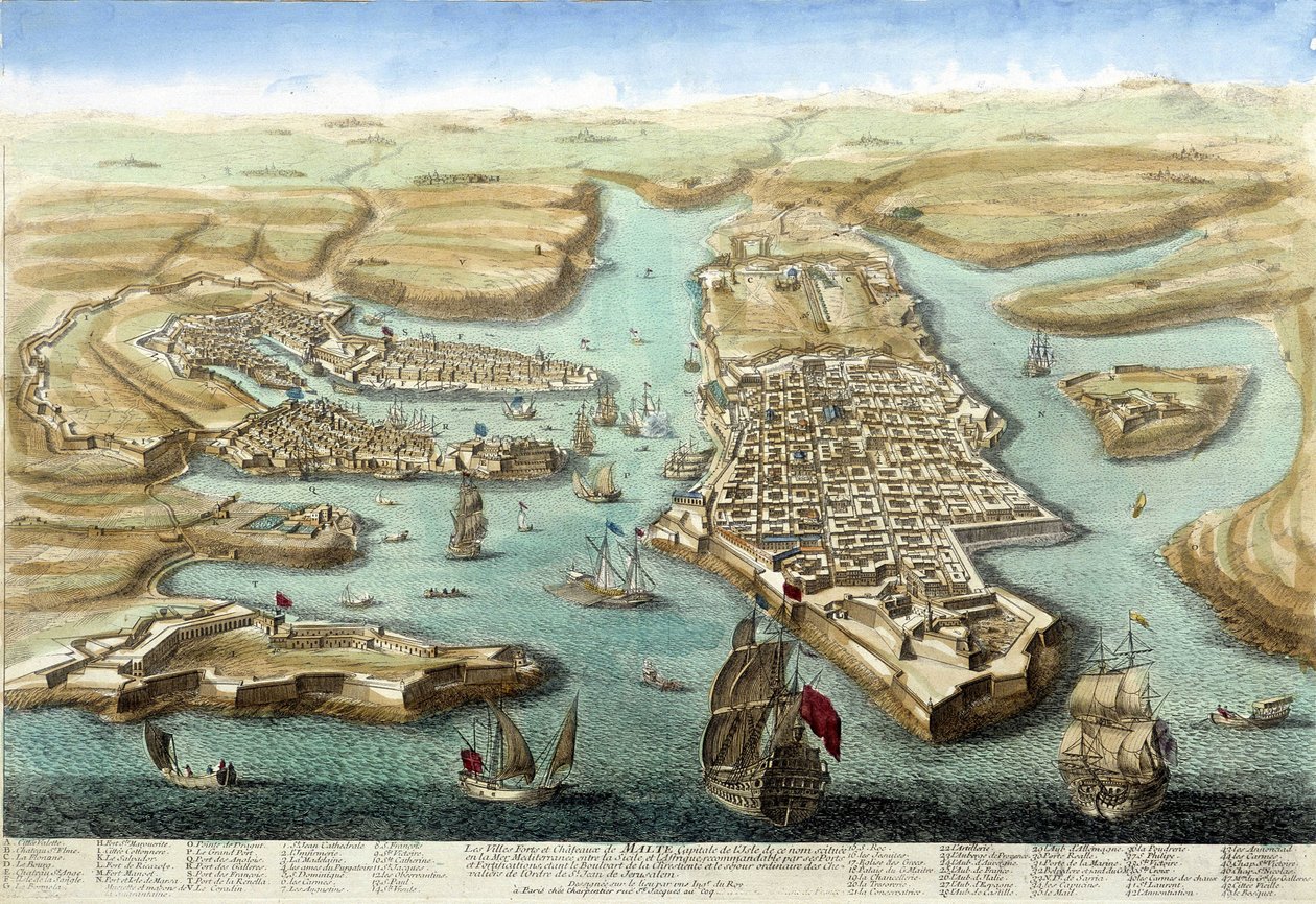 Kort over Maltas havn, dens fæstningsværker og slottet. 1700-tals gravering. af Unknown artist