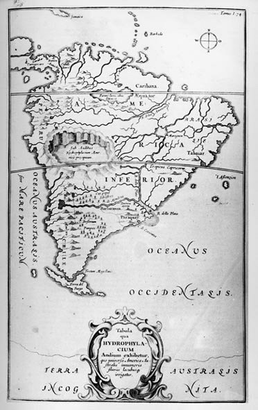 Kort over floderne i Sydamerika - i "The Sousterrain World", Athanasi Kireheri, ca. 1600. af Unknown artist