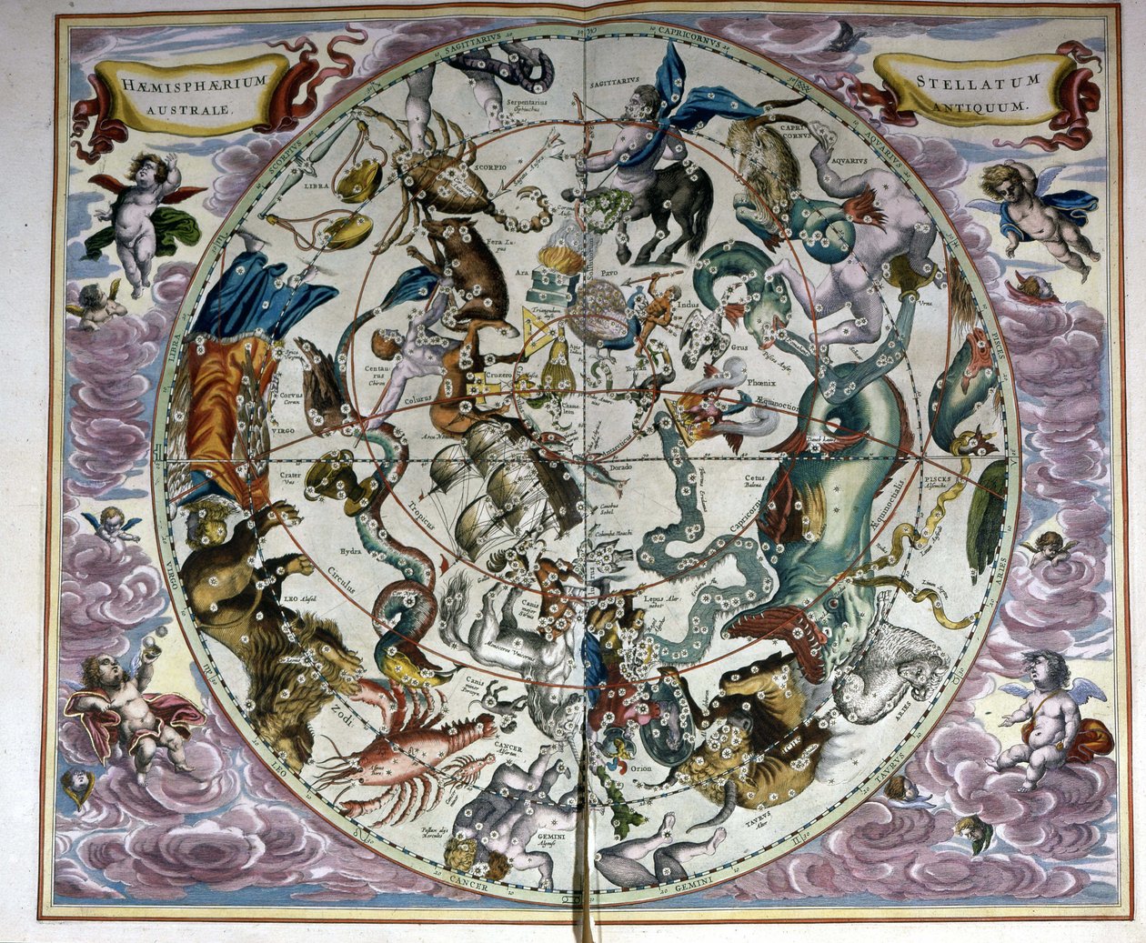 Kort over himlen og stjernetegn - faksimile af en gammel komposition, der repræsenterer stjernebillederne på den sydlige himmel, ifølge "Harmonia Macrocosmica" af André Cellarius af Unknown artist