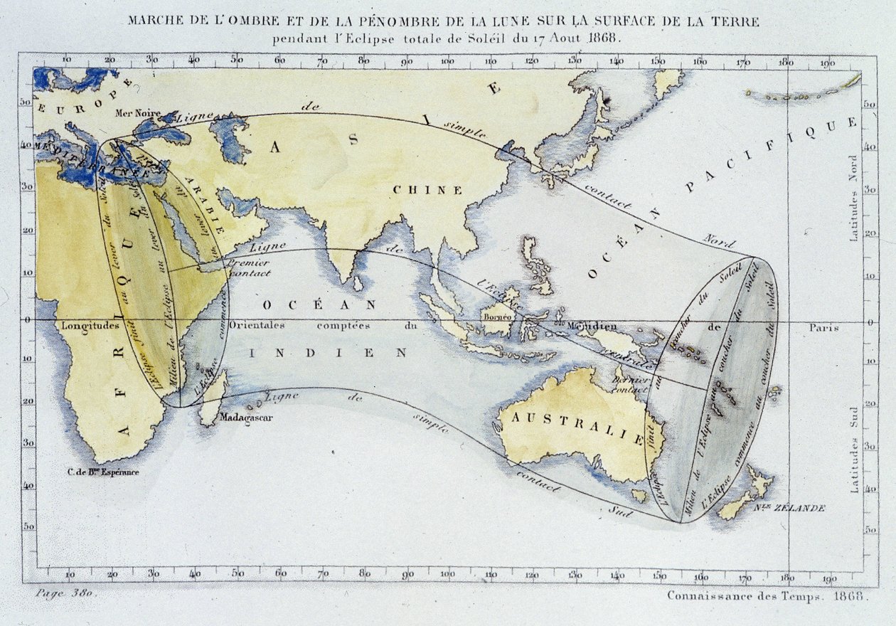 Kort, udgivet af Bureau of Longitudes, der viser månens skygge og mørke march på jordens overflade under formørkelsen i 1868 af Unknown artist
