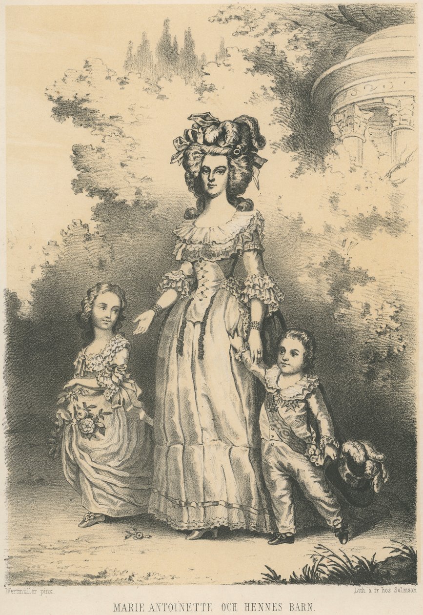 Marie-Antoinette går med sine børn (litho) af Unknown artist