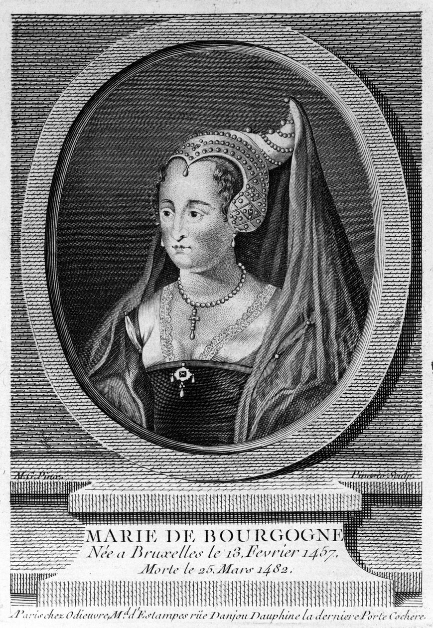 Marie af Bourgogne (1457 - 1482), datter af Karl den Dristige og hustru til Maximilian af Østrig. 1800-tals gravering. af Unknown artist