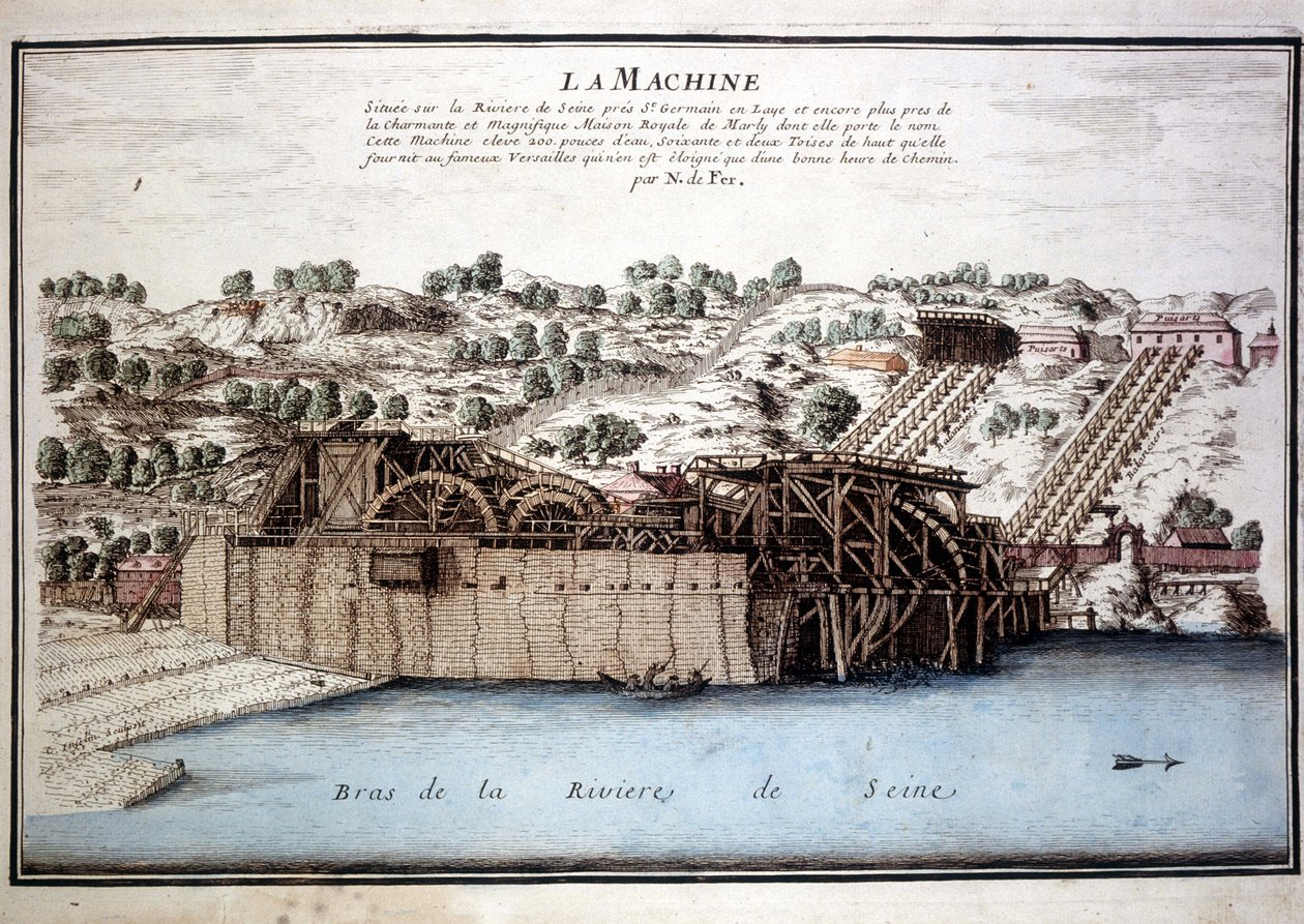 Marly de Rennequins maskine kørte vandet i Seinen til Versailles via Marly-akvædukten. Stik fra 1700. af Unknown artist
