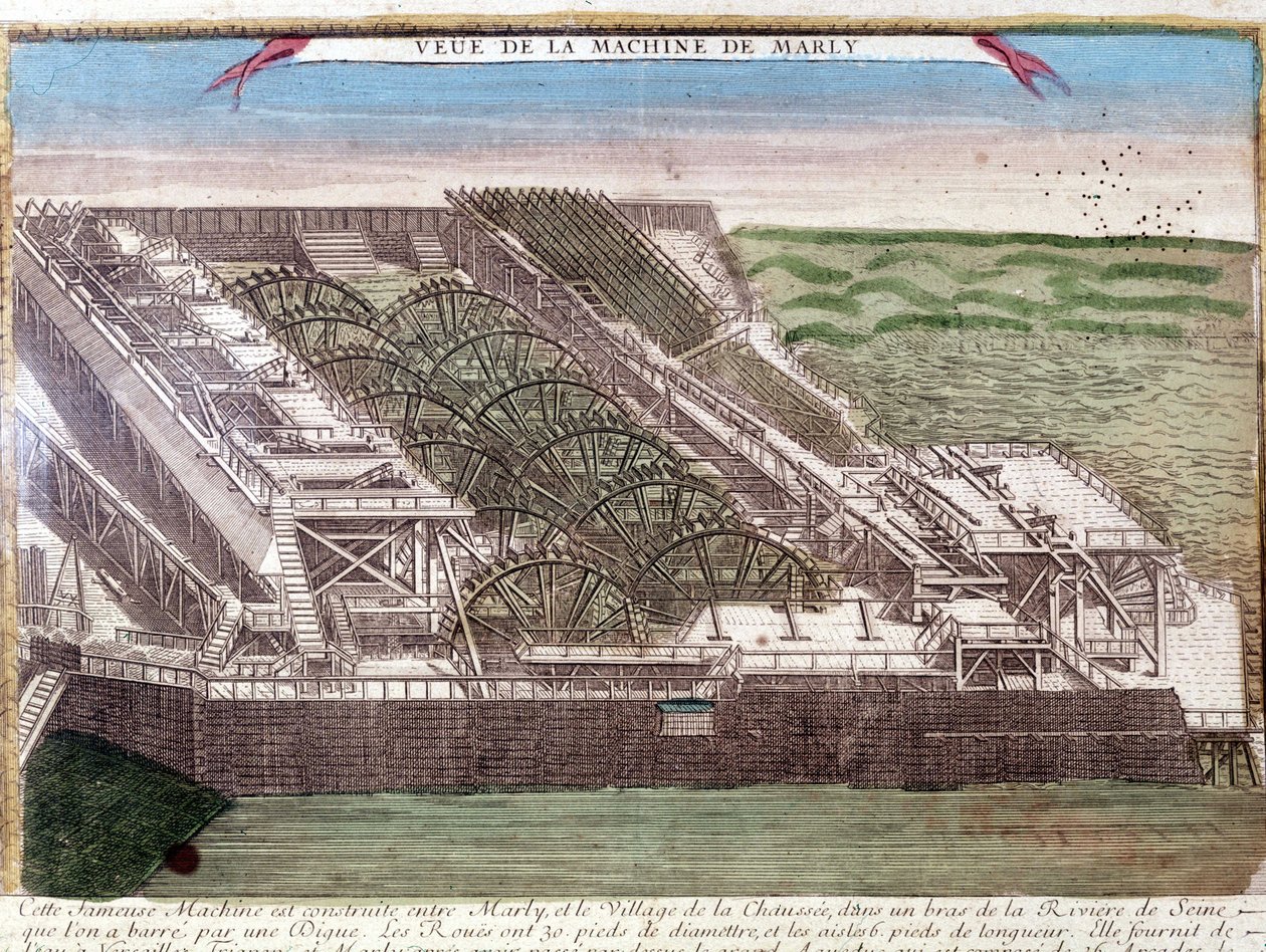 Marly de Rennequins maskine kørte vandet i Seinen til Versailles via Marly-akvædukten. Stik af det 18. århundrede. af Unknown artist