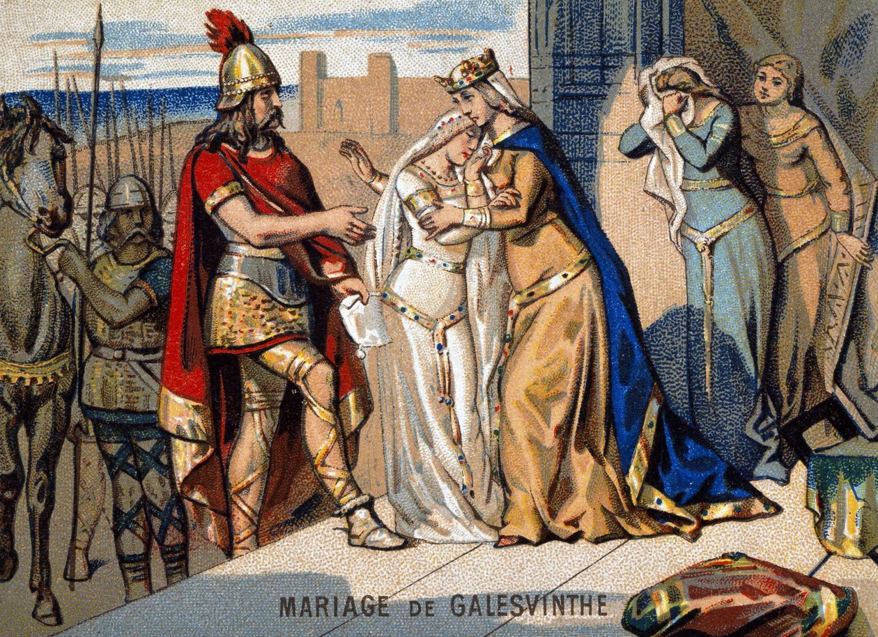 Ægteskab med Galeswinthe (567): forlader Galeswinthe for at gifte sig med Chilperic, leder af Neustrians Francs. Kromolitografi af serien "" Patriotisk undervisning efter billede"". af Unknown artist