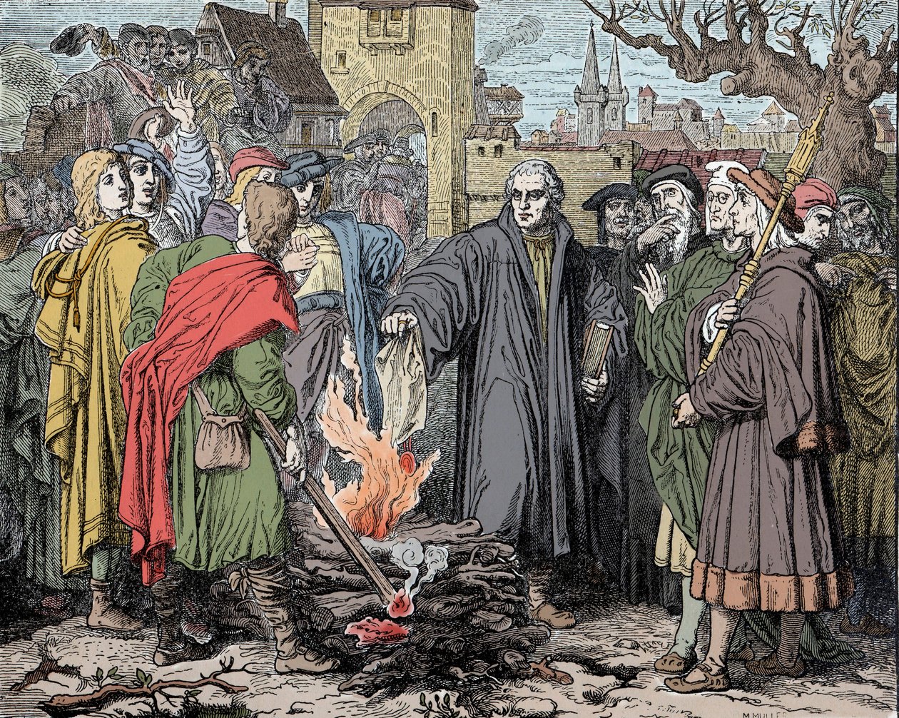 Martin Luther (1483-1546) en Wittenberg brænder boblen af ekskommunikation lavet af pave Leon X af Unknown artist