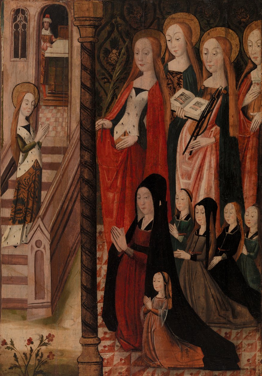 Mary går til templet, fire kvindelige hellige og en kvindelig donor og hendes døtre af Unknown artist