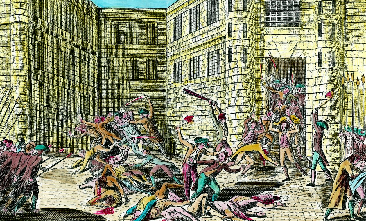 Folket massakre på fangerne i Saint Germain-klostret i september 1792. Scene for den franske revolution. Stik af det 18. århundrede. Privat samling. af Unknown artist
