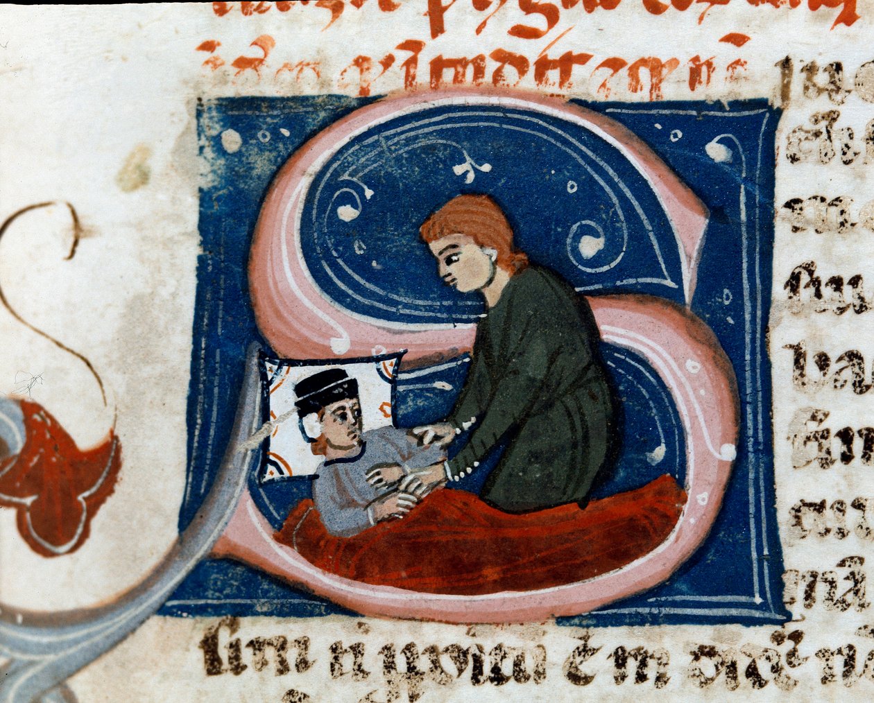 Medicin: syg helbreder derhjemme. Detalje. Manuskriptside (ms.d.xxv) "" Treat of Galien"" (Trattato di Galeno) oversat af Nicola da Reggio, filologlæge. 14. århundredes Cesena, Biblioteca Malatestiana af Unknown artist