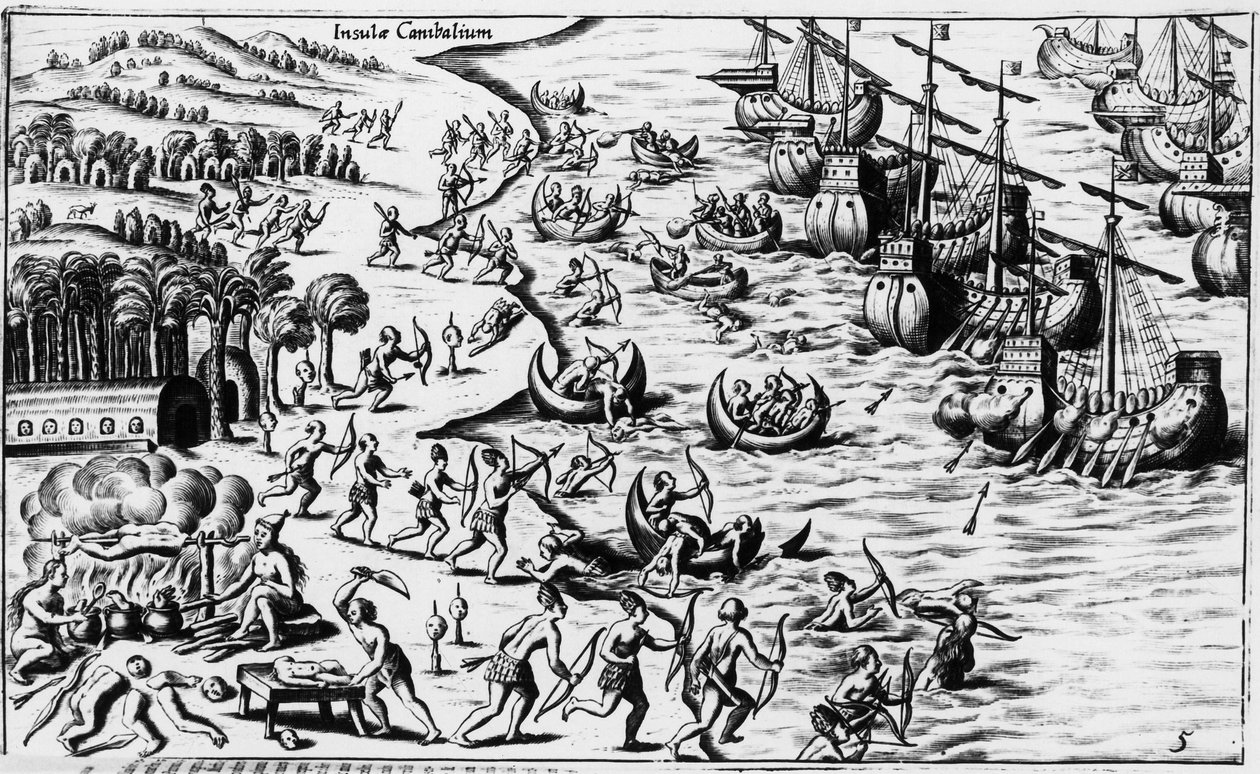 Møde mellem folkene i Christopher Columbus og kannibalerne - i "Nova Tipus Transacto Navigatio Novi Orbi"" af Philoponus Honorius af Unknown artist