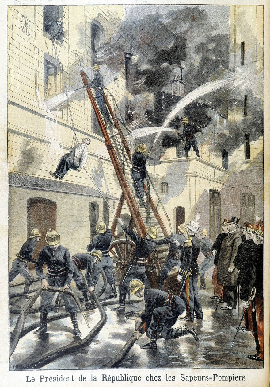 Møde med republikkens præsident Felix Faure, med brandmændene under et indgreb mod en brand. Illustration af den "lille avis" fra 1898. af Unknown artist
