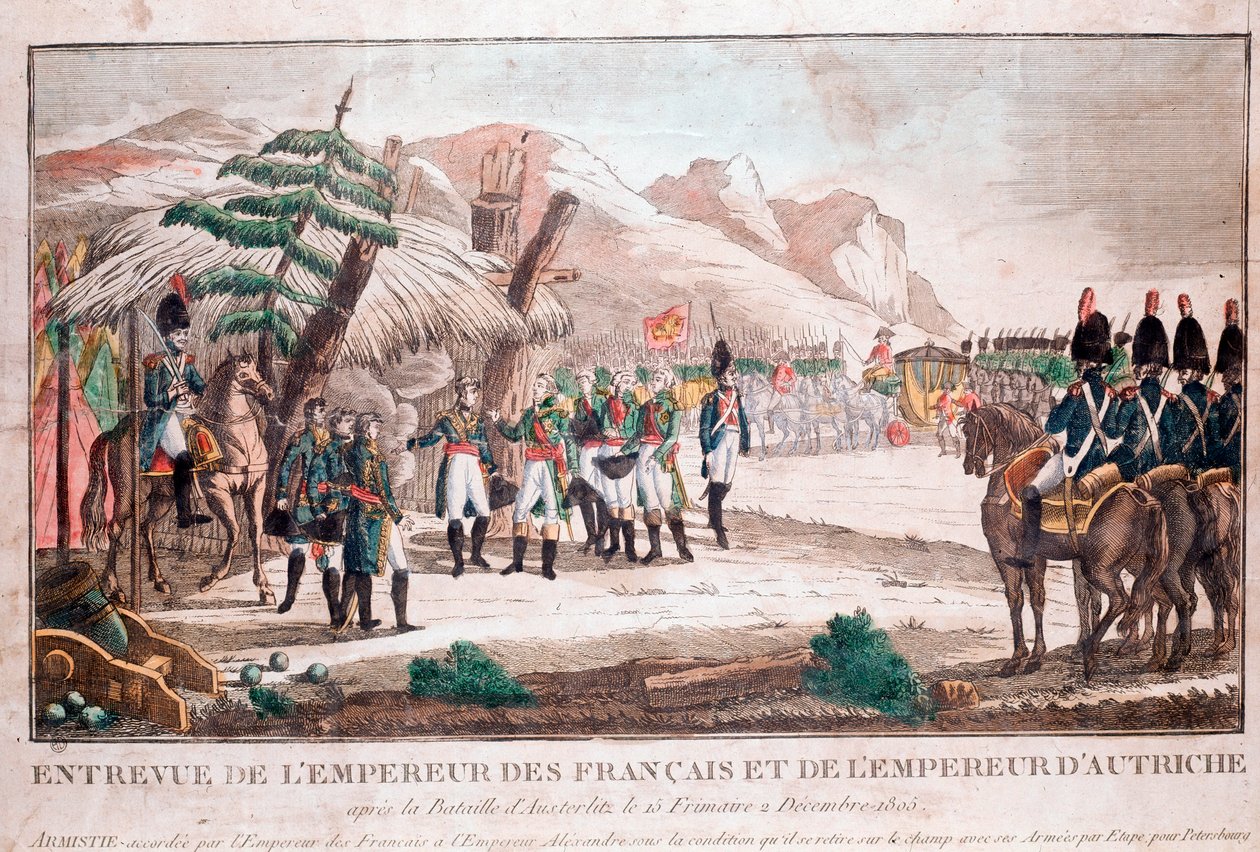 Møde mellem to kejsere efter slaget ved Austerlitz, 4. december 1805 (Napoleon Bonaparte og Frans II, hellig romersk kejser) (gravering af Unknown artist