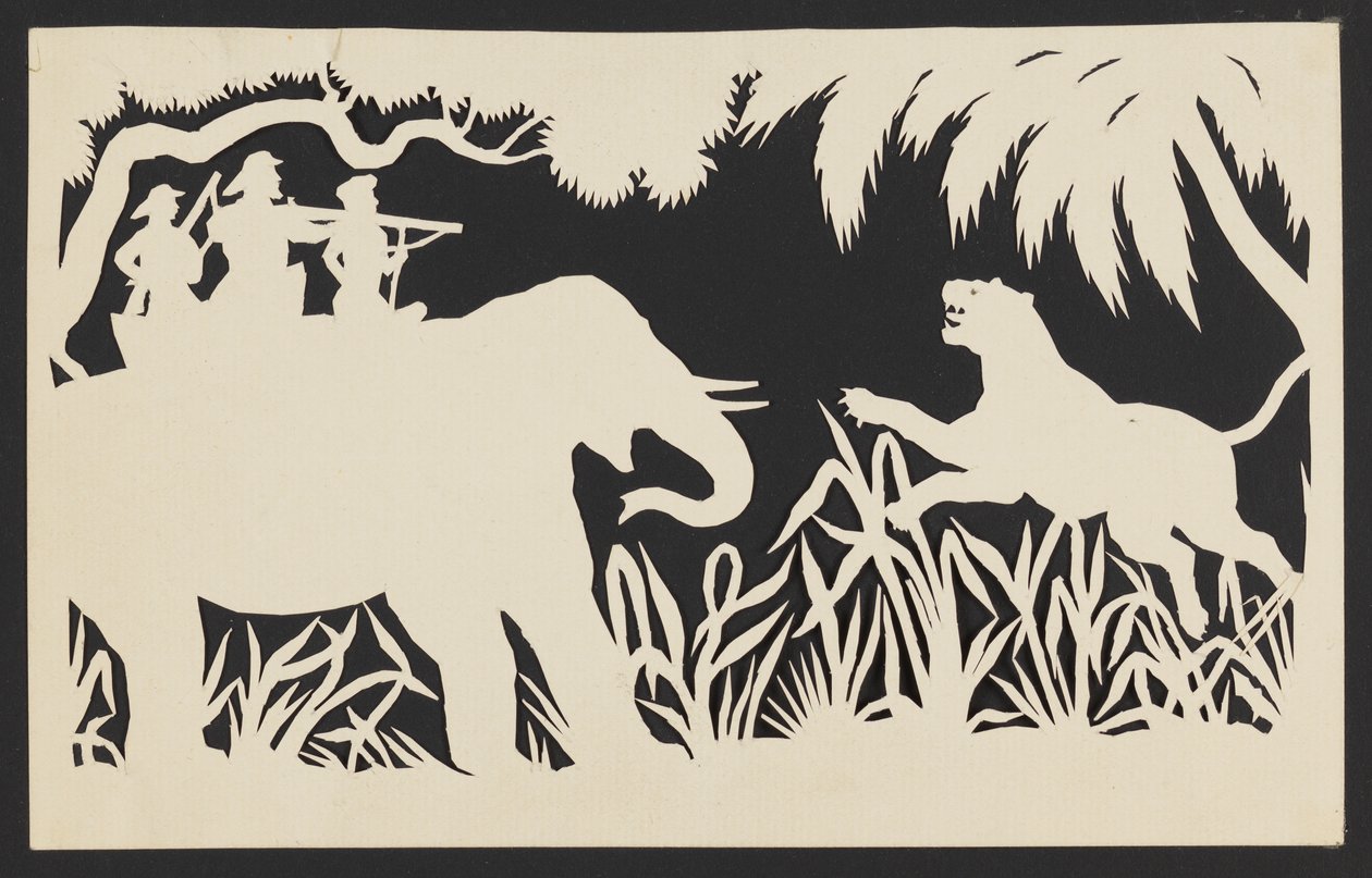 Mænd, der skyder en tiger fra en elefant af Unknown artist