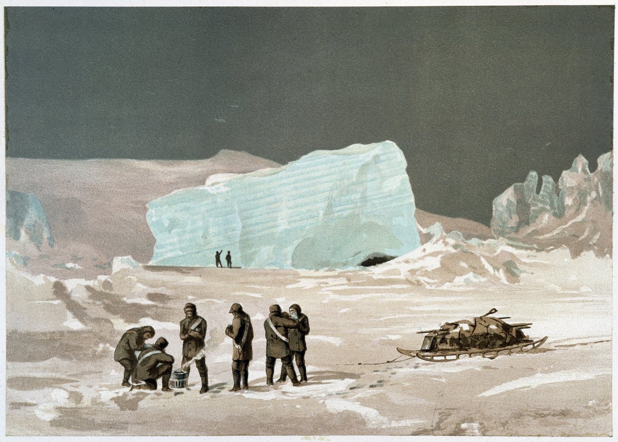 Mænd og slæde på isen - i "" Polarhavets kyster, en arktisk ekspeditionsfortælling"", af Dr. Edward Moos, Marcus Nard & Co, London af Unknown artist